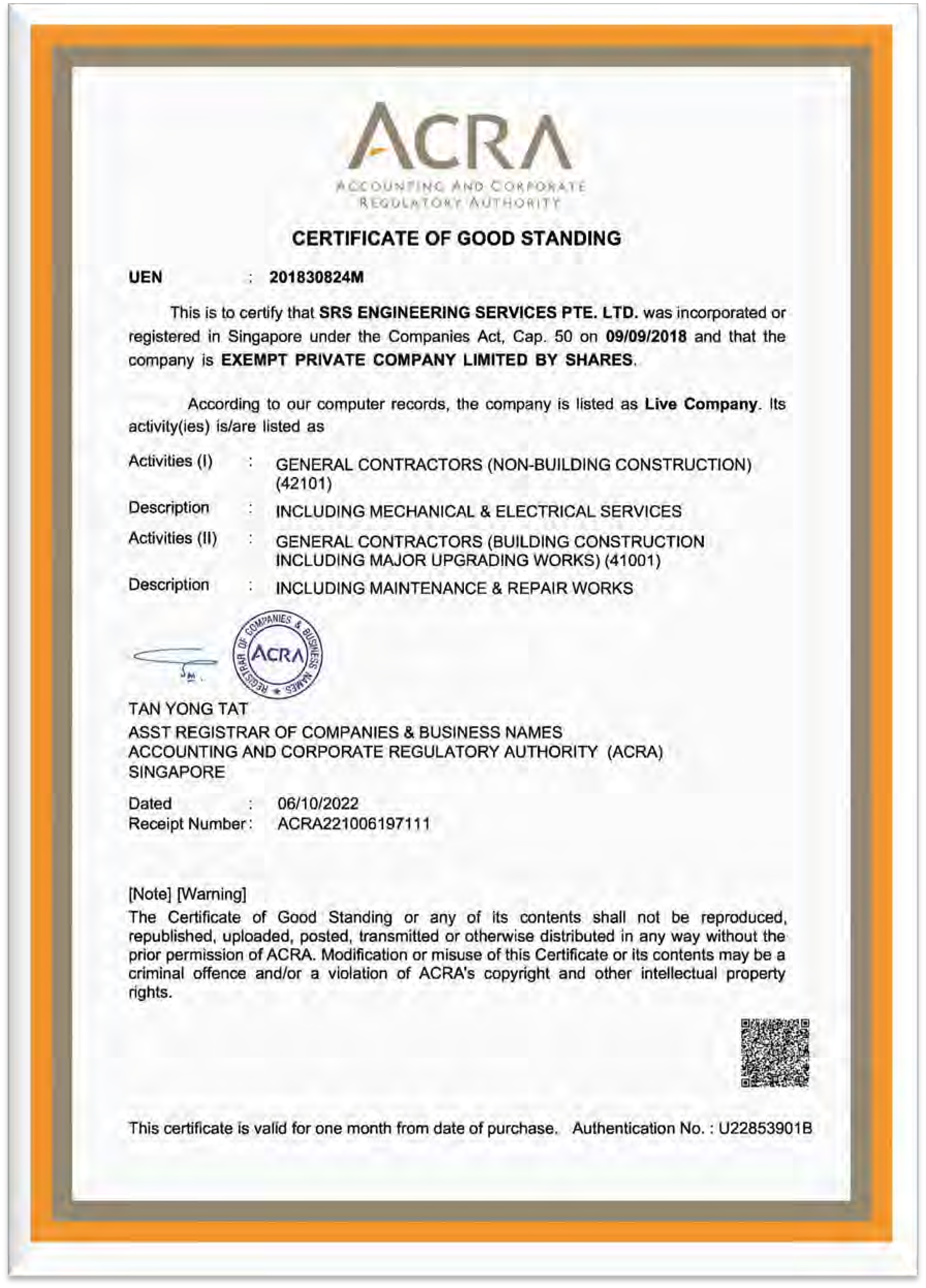 ACRA Registration Certificate